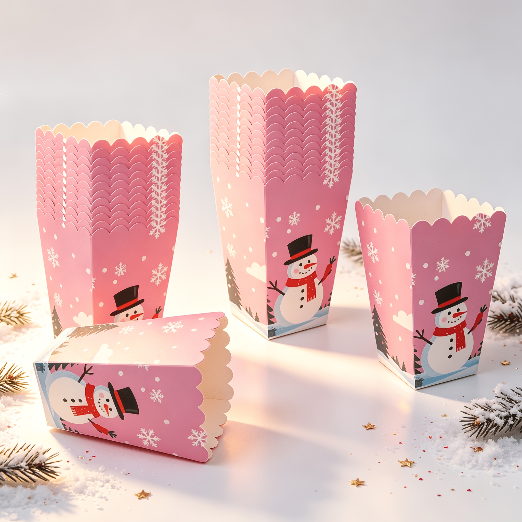 TEMU 12pcs Pack 12pcs Christmas Snowman & Reindeer Paper Favor Boxes With Pink Scalloped Edges, Snowflake Table Decor Suitable For Holiday Parties,