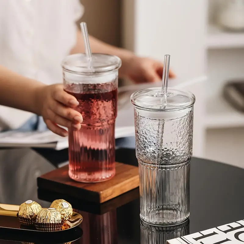 2pcs 22oz 650ml with lid straw straw brush ribbed glass cup reusable wide mouthed smoothie cup thick walled glass iced coffee cup tea cup juice cup a great holiday christmas anniversary housewarming gift for Product details 2