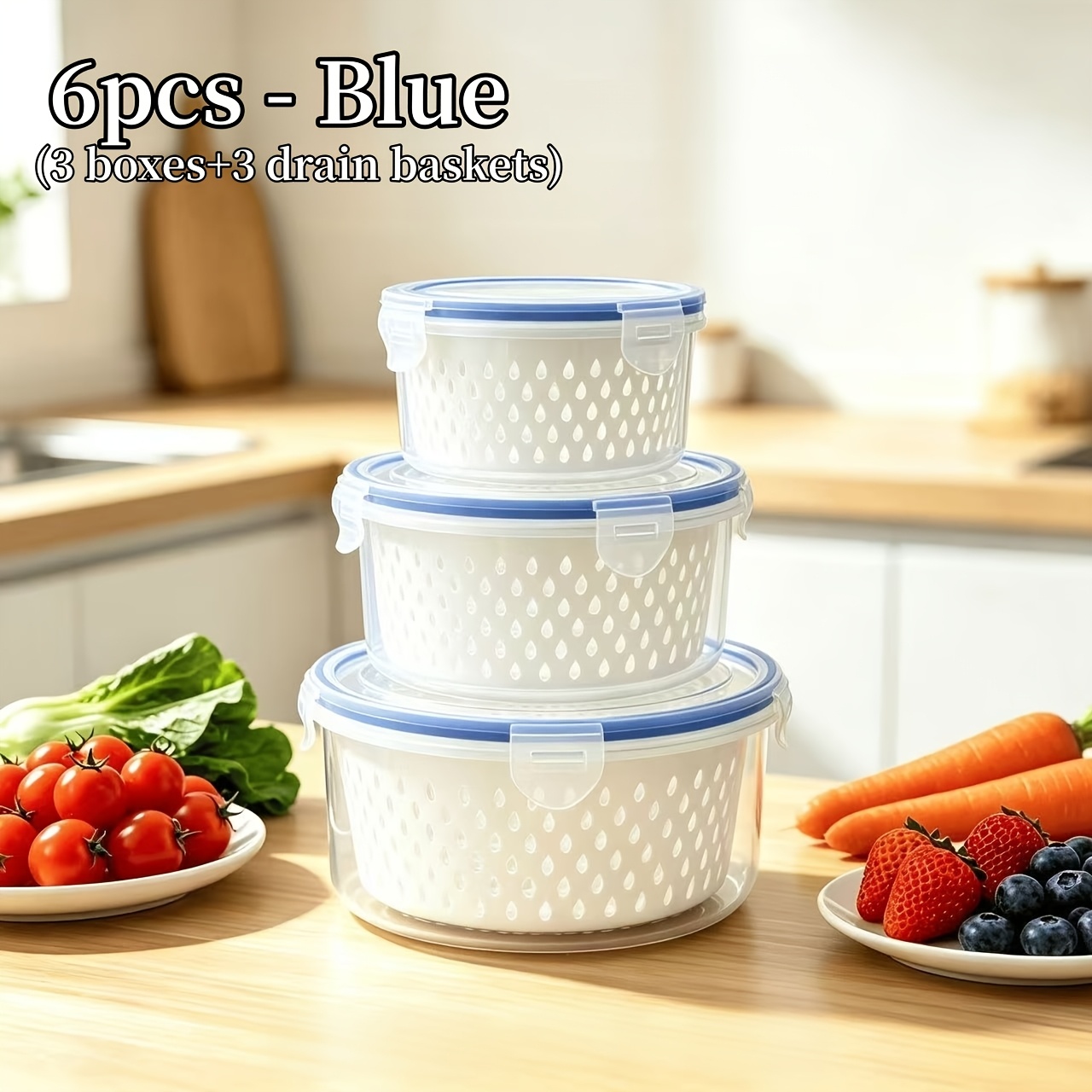 TEMU 6pcs Set (3pcs Boxes And 3pcs Draining Baskets) Round Food Storage Containers With Draining Baskets And Lids - Leak-proof, Reusable
