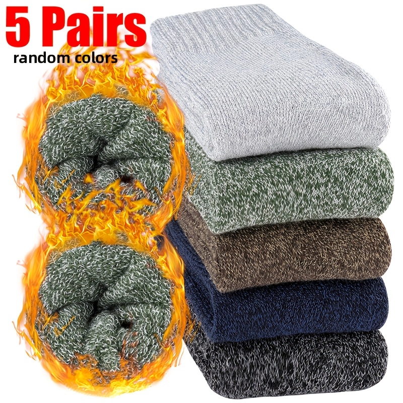 TEMU 5-pair Men's Thickened Mid-calf Terrycloth Winter Socks, With Color-block , Random Colors