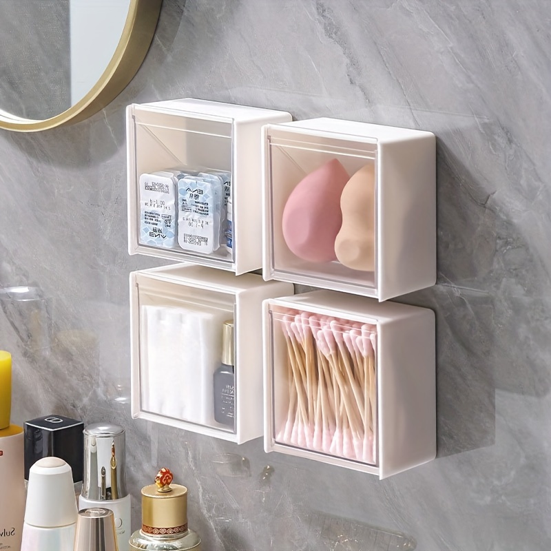 

1pc Wall-mounted Makeup Organizer Box, Plastic Bathroom Storage Container For Cotton Pads, Swabs, Hair Ties, Lipstick - No Drilling Needed, No Electricity Required