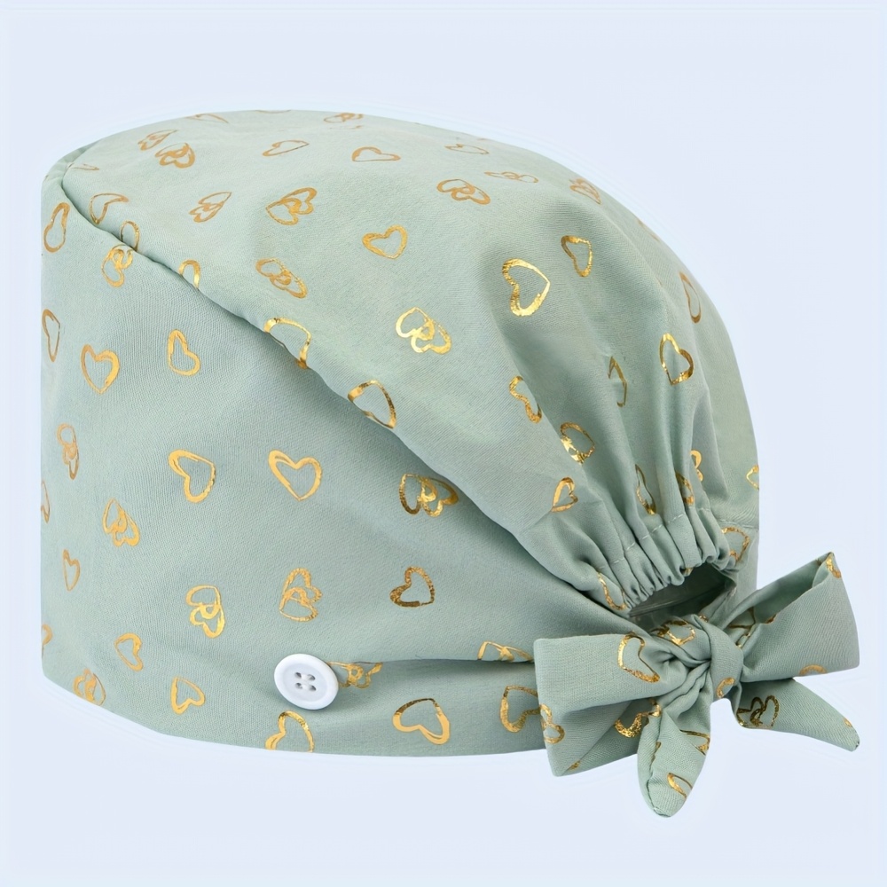 TEMU A Women's Adjustable Polyester Work Cap/nursing Cap/surgical Cap With A Small Golden-foiled Heart Pattern. Features White Side Buttons, An Inner