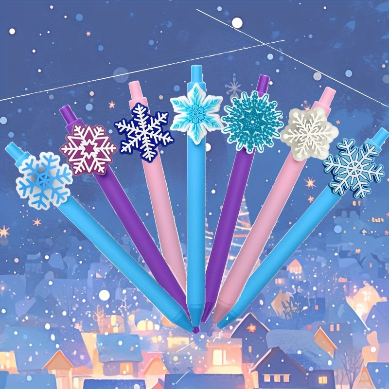 Image of 7 Christmas-themed Black Ink Gel Pens, Creative Snowflake Plastic Signature Pens, Suitable For School Personalized Soft Rubber Patch Pens