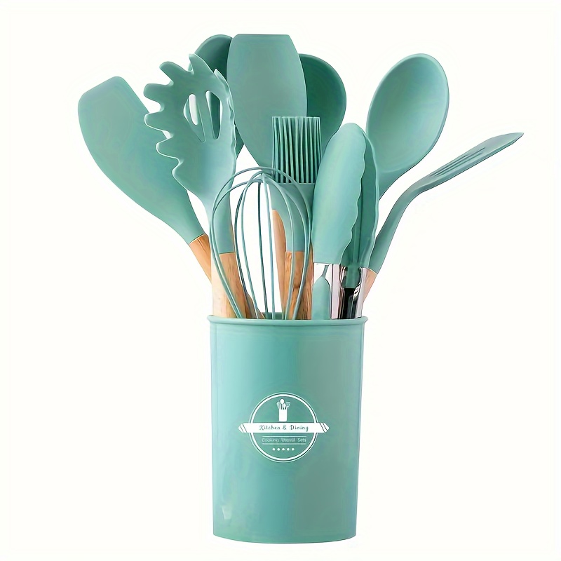 

12-piece Silicone Kitchen Utensil Set With Khaki Wooden Handles - Non-stick, Safe & Washable Cooking Tools For Home And Dorm