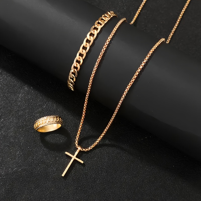 1pc cross pendant necklace 1pc bracelet 1pc ring trendy mens faith jewelry set classic simple hip hop style alloy copper materials box display hip hop jewelry cross pendant necklace durable jewelry accessories details 2