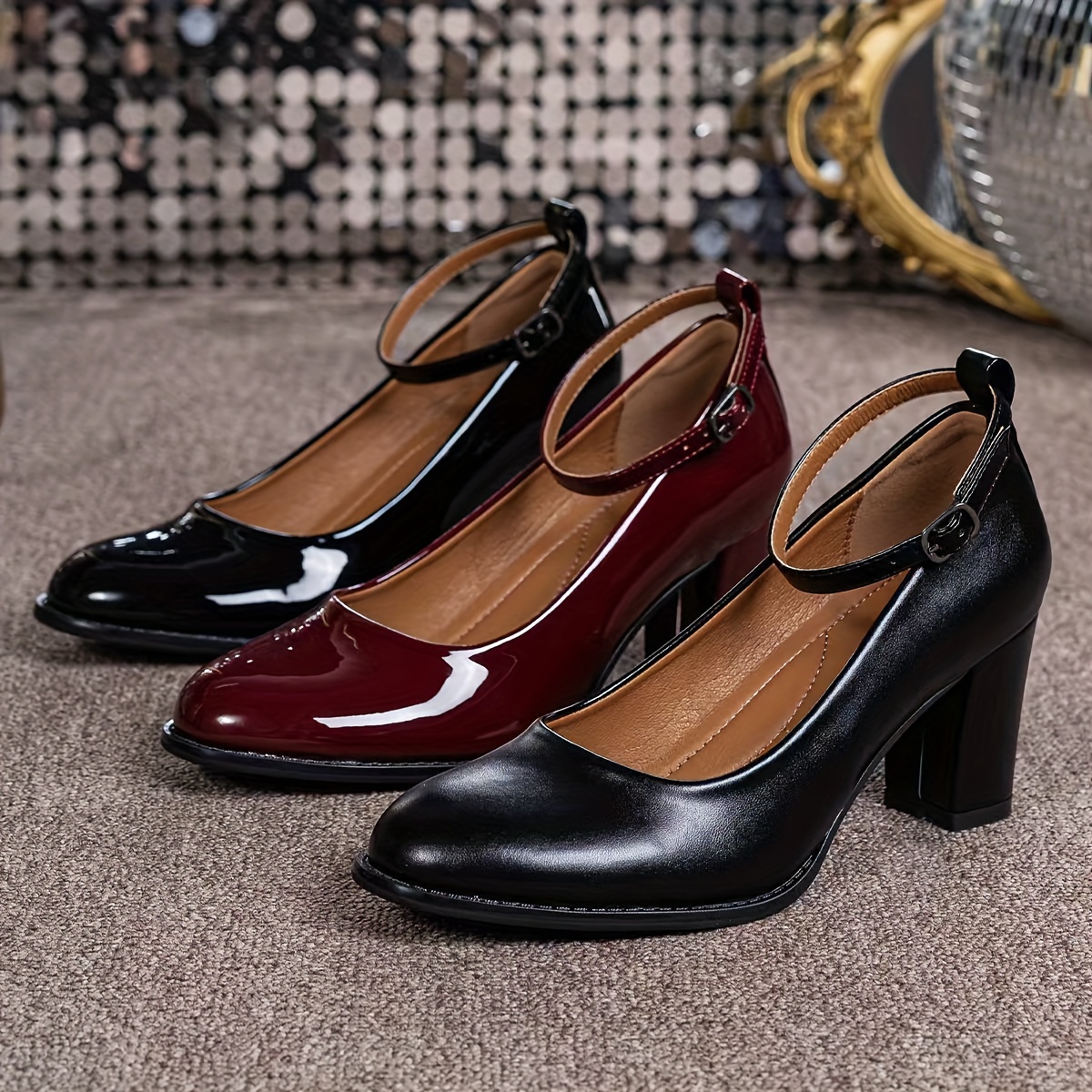 

Vintage Style -jane Pumps Solid Color Round Toe Block Heel High Heel Shoes For Women With Grip Tpu Sole - European & Exclusive From Huizhou