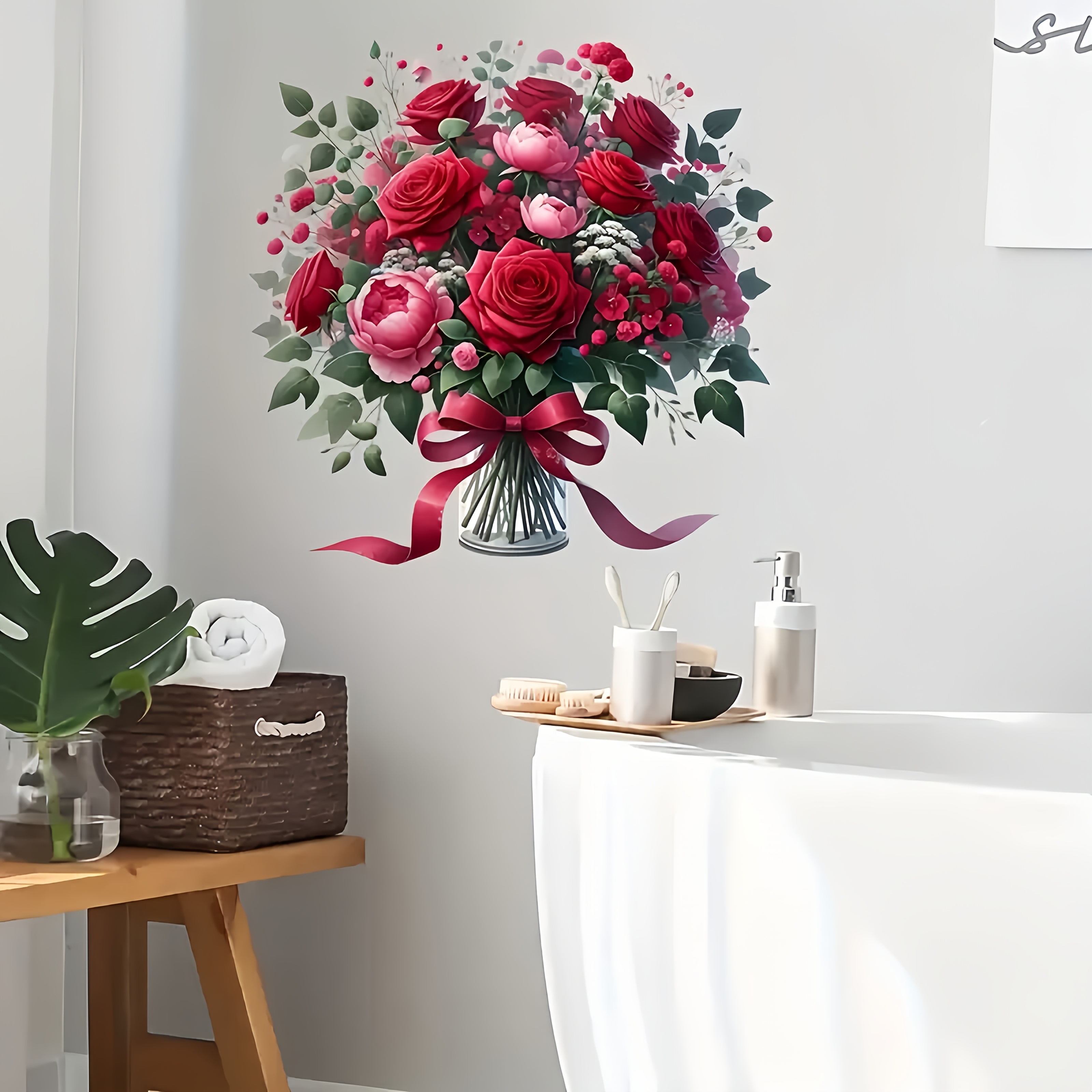 1pc Self-adhesive Red Rose Flower Vase & Toilet Sticker - High Quality Pvc Self-stick Decal Suitable For Bathroom Doors, Walls, Bathtubs - & Stick Application, Irregular Cut For,, Mirrors