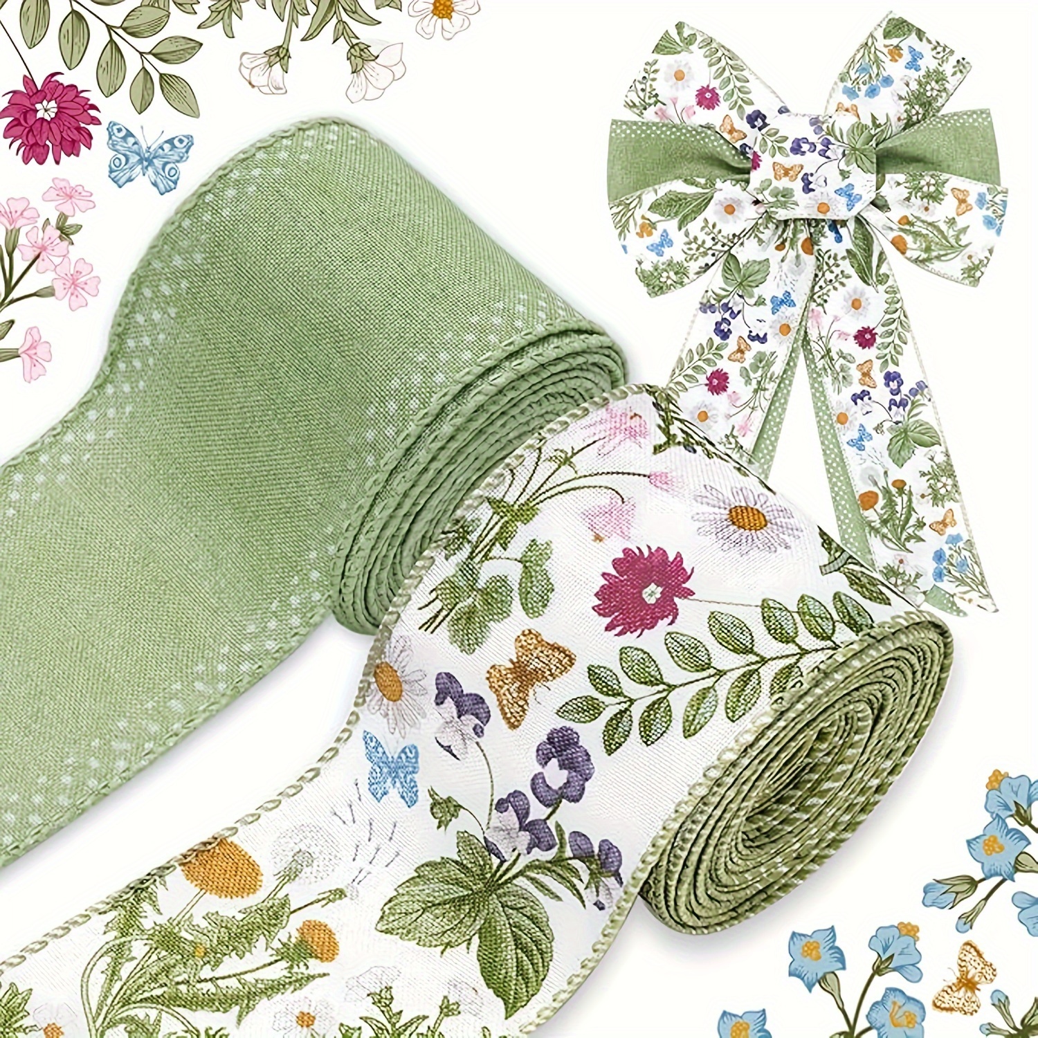 Image of Green Wildflowers Wired Edge Ribbon Retro Wild Floral Craft Ribbon Spring Fabric Ribbon For Wreath Bow Making Wrapping Party Decor Supplies, 2 Rolls, &halloween, School