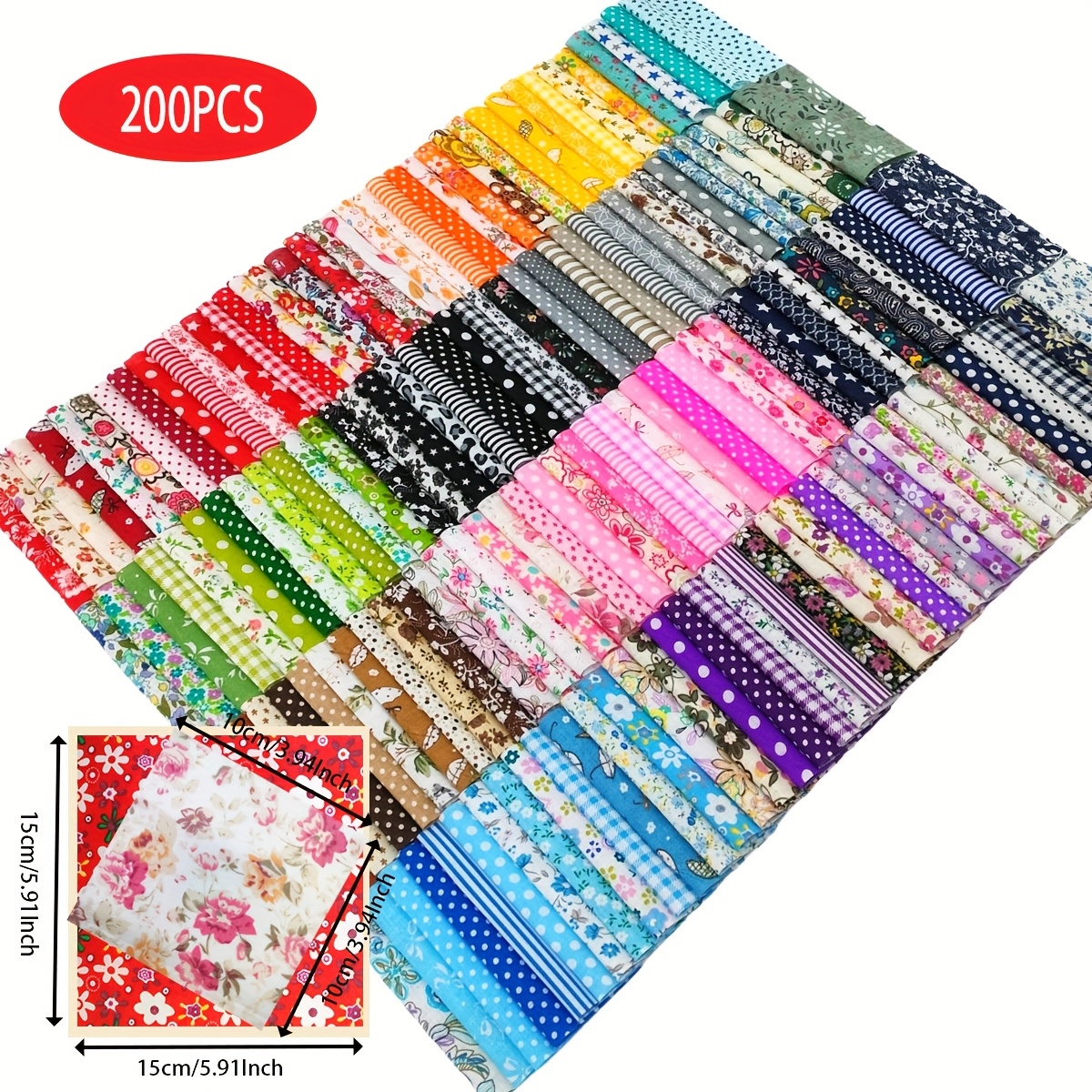 TEMU 200pcs Assorted Colorful Floral Plain Weave Fabric Squares, Featuring Multi-colored Patterns Including Flowers, , And Polka Dots. Handmade