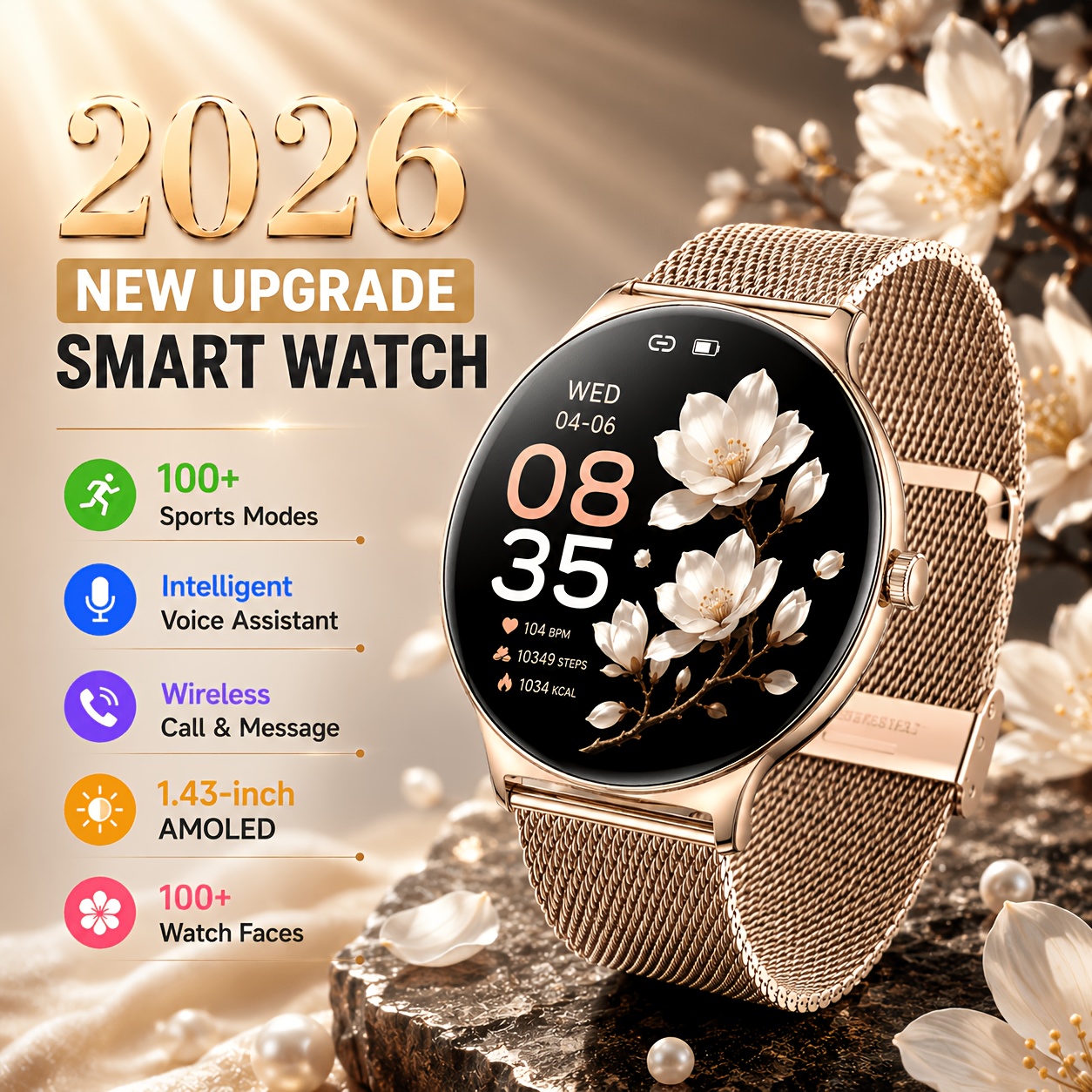 Hirreo Elegant And Fashionable Smart Watch For Women, 1.43-inch Amoled Screen, Multi-functional Wireless Calling, Message Reminder, Remote Camera Control, Female Function, Alarm Clock, Pedometer Watch