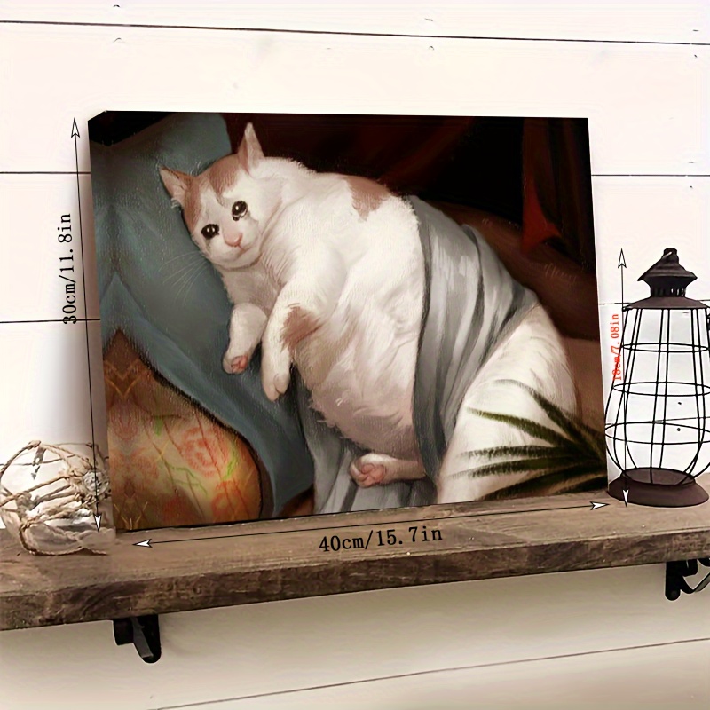 

1pc Vintage Style Canvas Wall Art - Chubby Cat Canvas Print With Wooden Frame - Family Themed Wall Hanging For Bedroom Decor - English Meme Framed Poster - Ready To Hang Home Decoration Gift