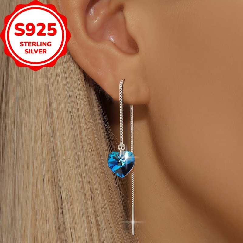 TEMU 1 Pair Of S925 Sterling Silvery Exquisite Light Luxury Heart Pendant Thin Chain Ear Wires For Women, Niche Design Long Dangling Drop Earrings,