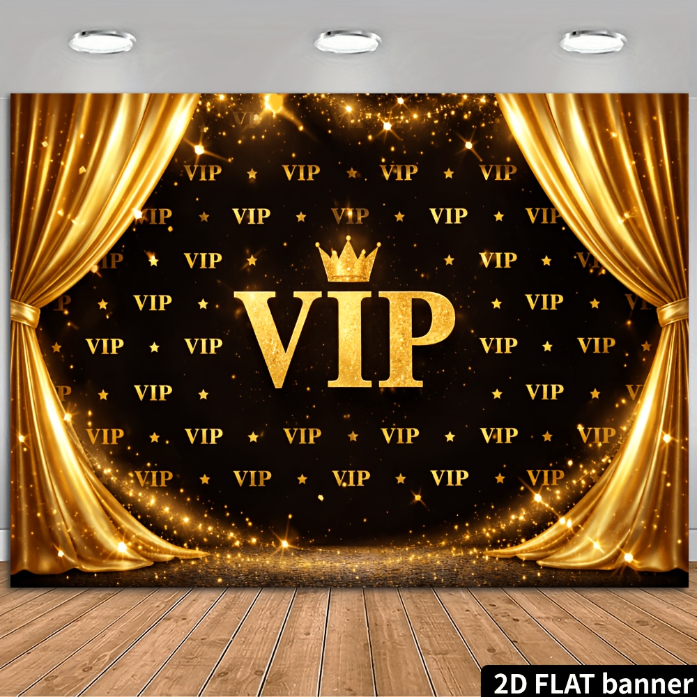 TEMU 2d Vip Themed Party Banner Backdrop - Features A Black Background With Golden Curtains On Sides, With Sparkling Dots, Golden Stars, And Repeated