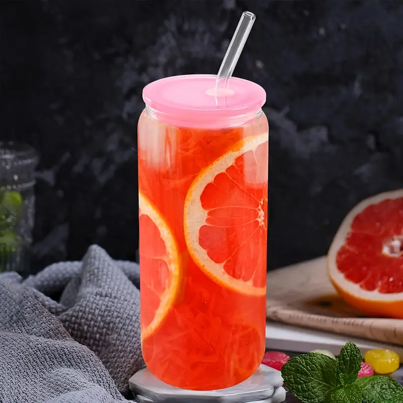 20 oz glass cups with acrylic lids and straws 16 pcs can shaped glass iced coffee cups with lids drinking jar glasses cute tumbler cup great for smoothie soda boba tea cocktail beer gift Product details 15