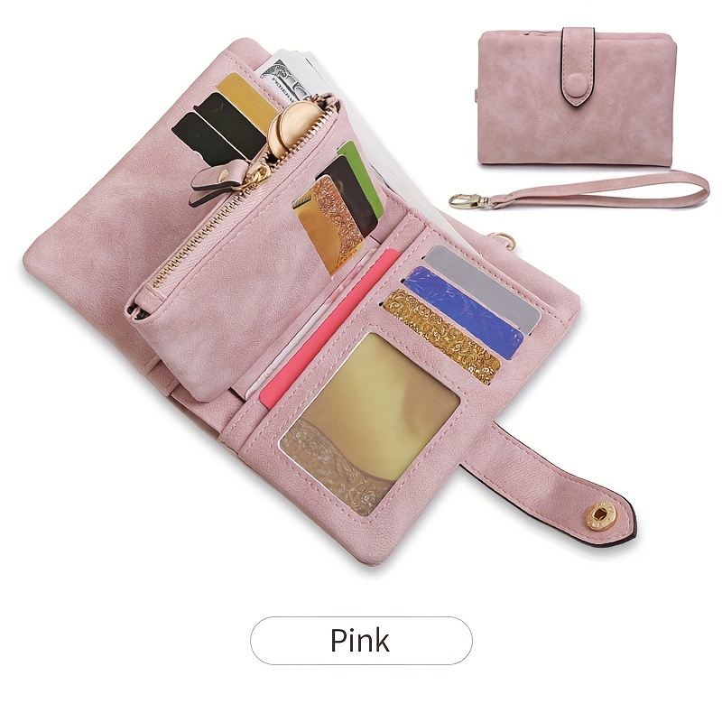 Image of Ladies' Retro Cute Short Wallet With Wrist Guard, Solid Color Handbag, Simple Snap Button Double Fold Small Wallet, Casual Portable Wallet, With Card Slot, Id Card Window And Zipper Coin Pocket