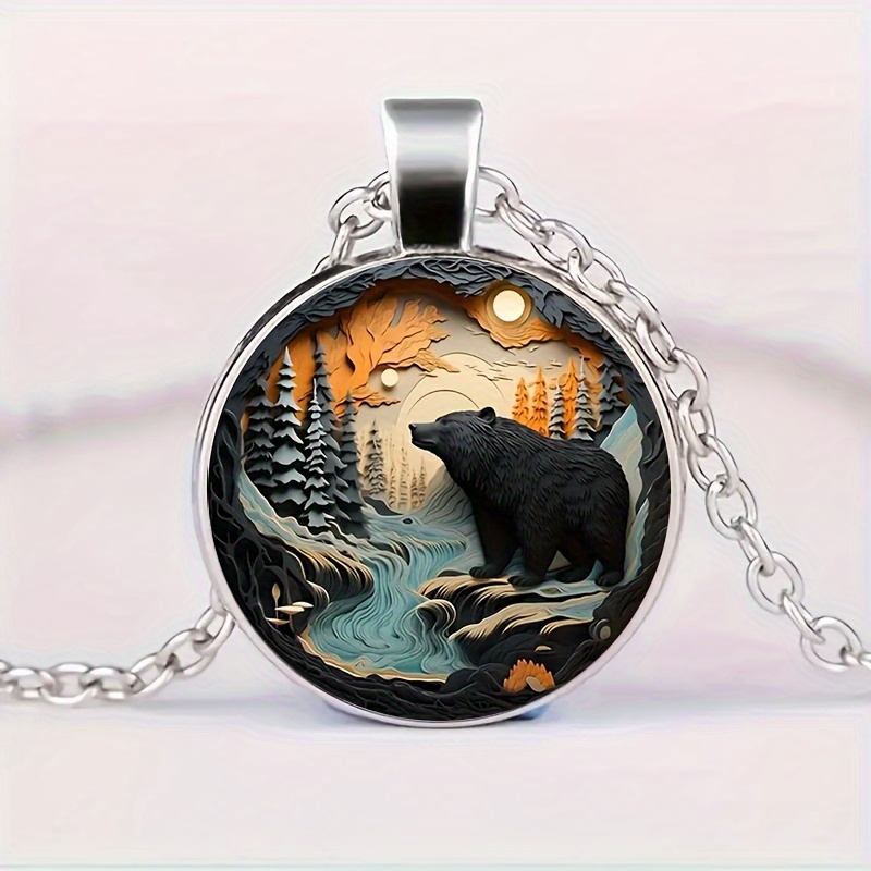 

Time Gemstone Necklace Beautiful Charming Morning Black Bear Fashion Stainless Steel Glass Pendant, Men's And Women's Fashion Necklace Jewelry