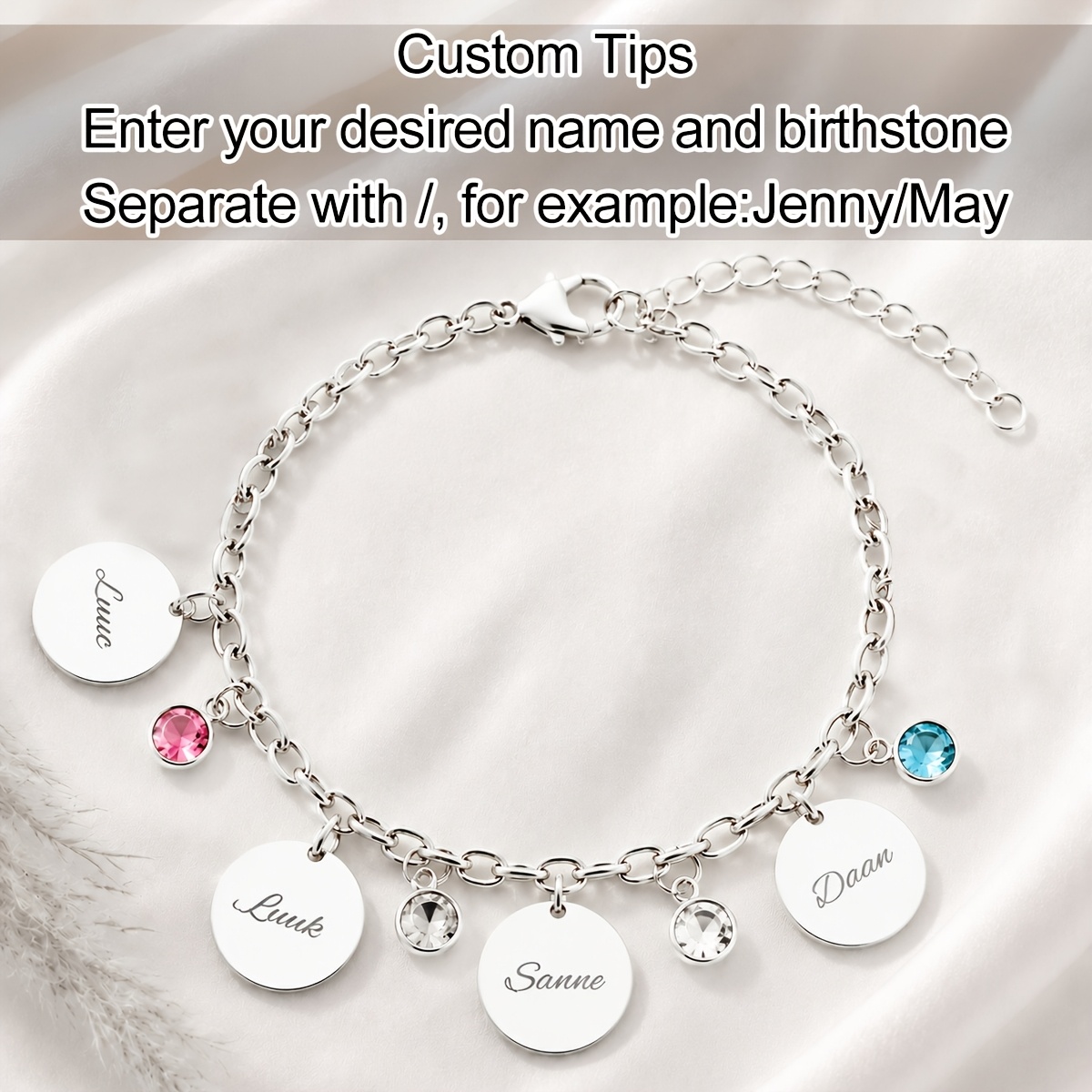 TEMU Self- 1-6 Family Name And Birthstone Women's Fashion Bracelet, Personalized Custom Initial Letter And Birth Month Stone Women's Bracelet, 18k
