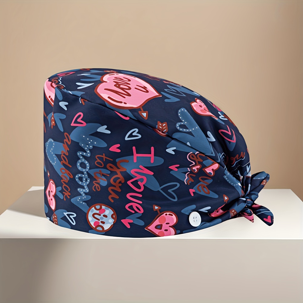TEMU A Women's "love" Style Printed Pattern Adjustable Work , Nurse , Surgical , Or Brimless With An Elastic Band And Adjustable Tie Design, Suitable