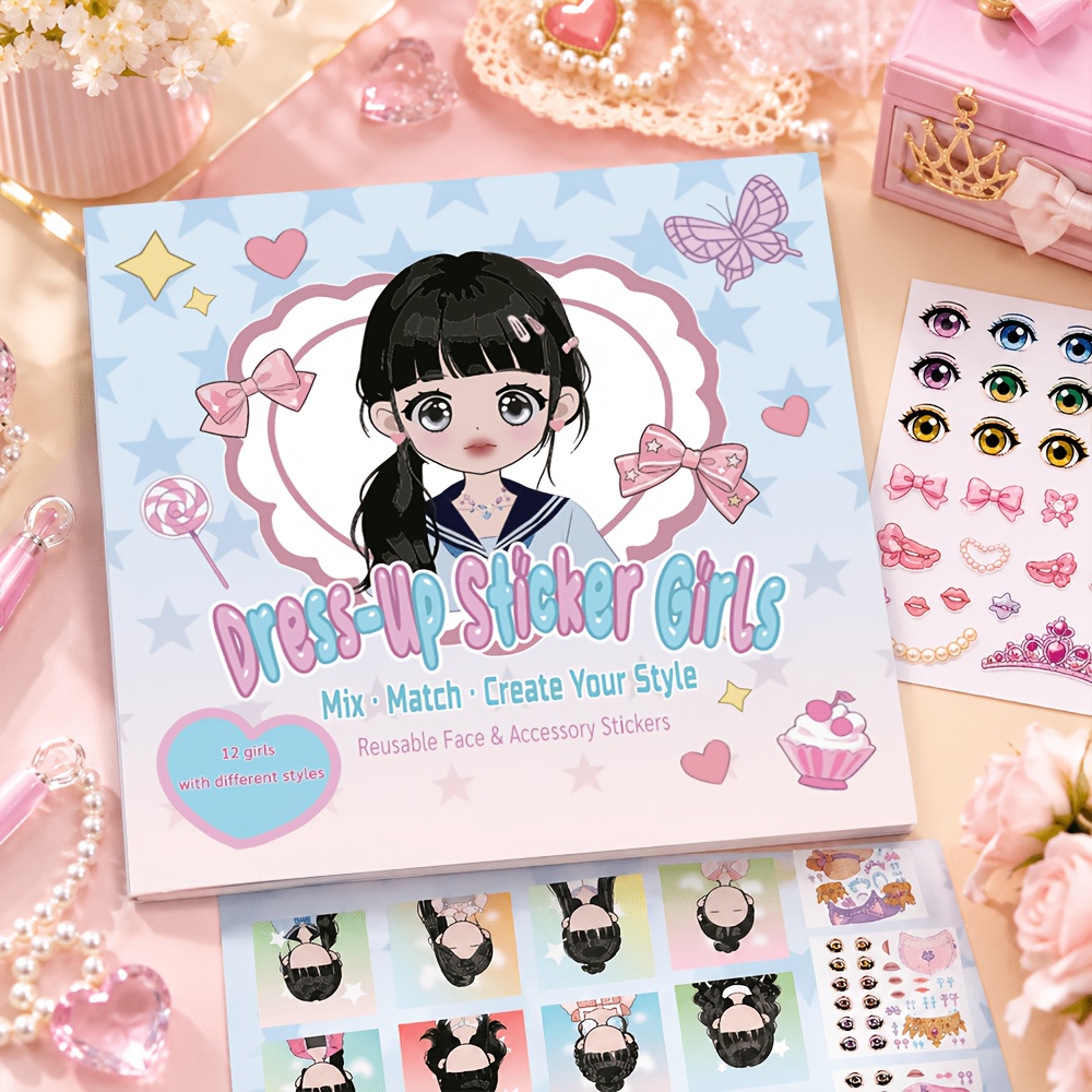 TEMU Dress Up Sticker Book For Girls, Reusable Face & Accessory Stickers, Mix And Match Fashion Activity Book, Cute Black Hair Girl Styling Stickers,