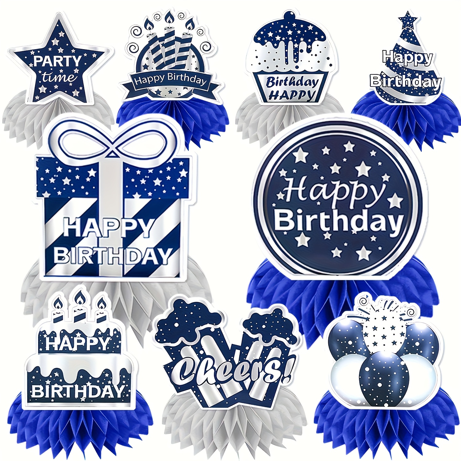 9pcs, Paper Blue Silvery Theme Birthday Party Decorations, Suitable For Birthday Party Table Decorations