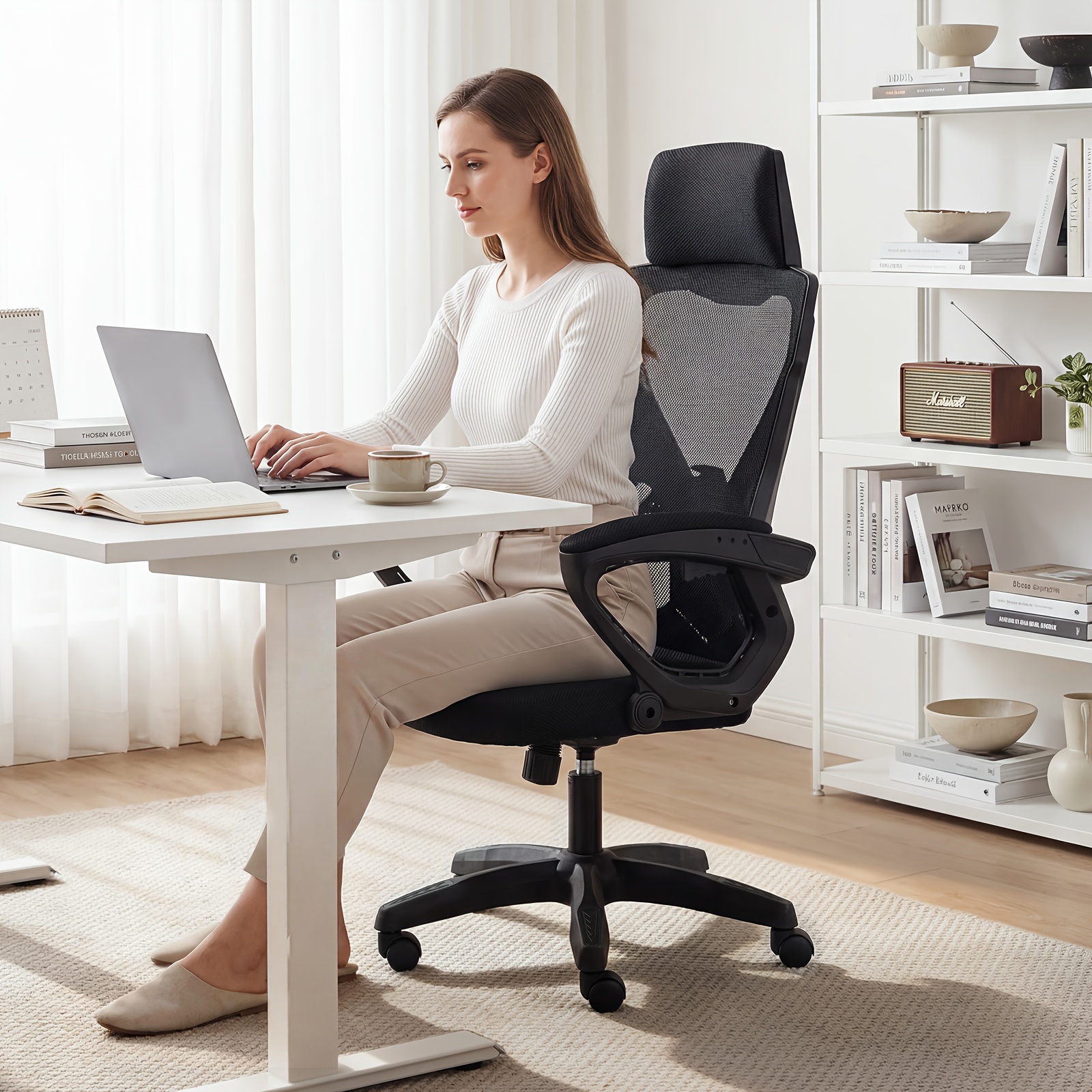Image of Desk Chair, Ergonomic Office Chair - 10cm Flexible Height Adjustment, Quiet Pu Castors Protect Floors, Comfortable Surface Design | Computer Chair For Small Office, Study, Bedroom Workstation