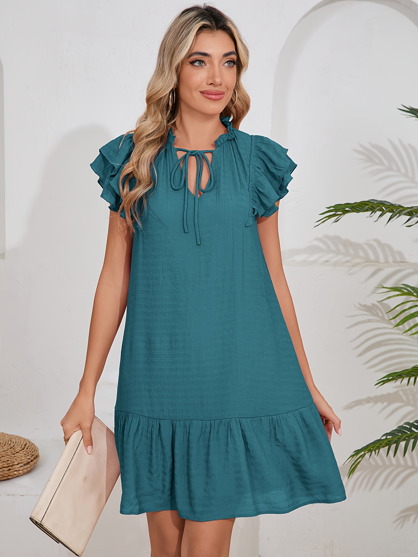 green emerald velvet dress Blue Print Collared V Neck Short Sleeve Drop Waist Dress main image 0