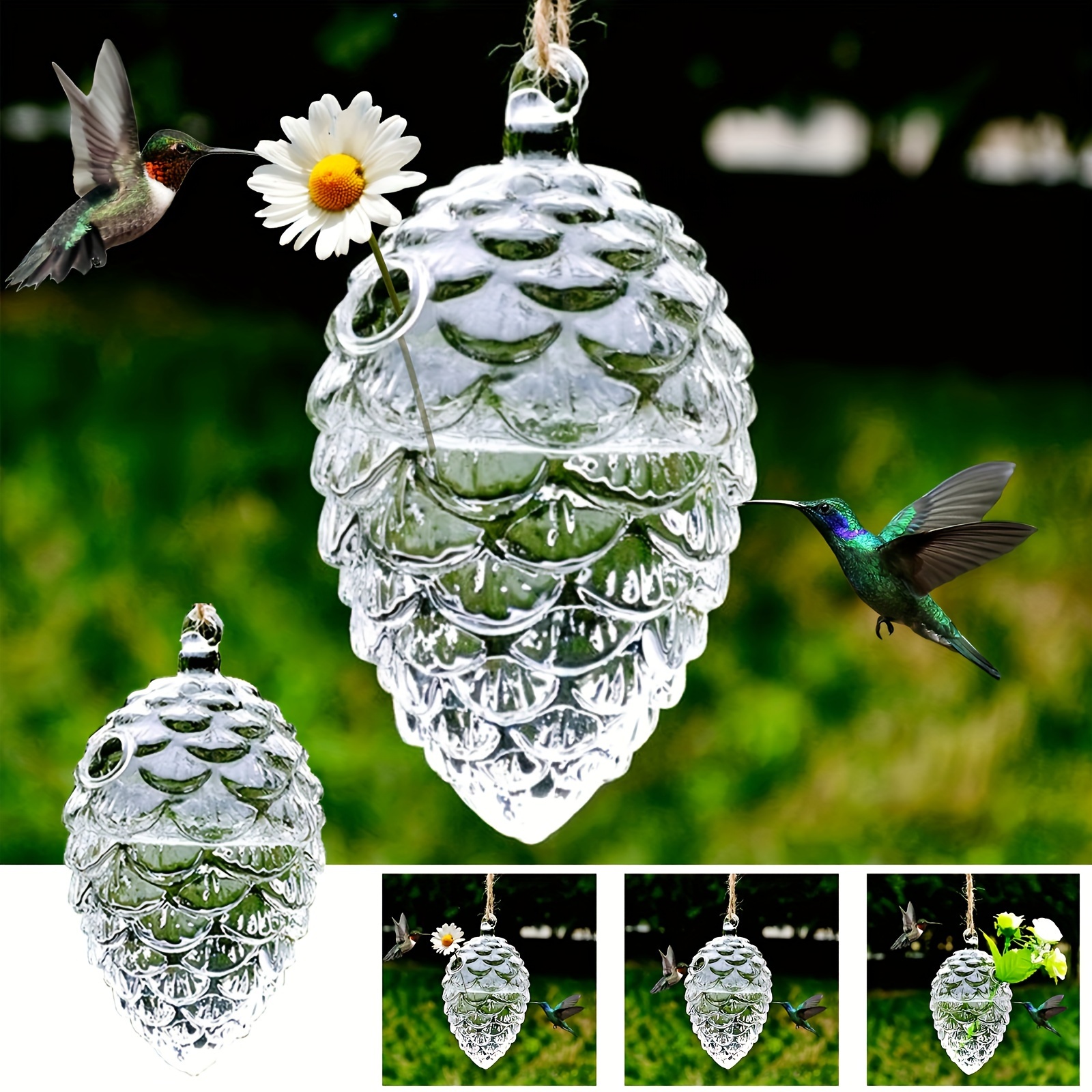 

Hand-blown Glass Hummingbird Feeder - Durable Hanging Garden Decorative Water Feeding Supplies For Birds With Flower Accent