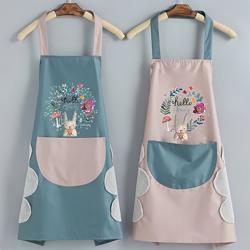 1pc cute rabbit   kitchen apron waterproof oil resistant with hand wipe pocket   pvc material   cooking gardening household use easy to clean no battery needed apron for kitchen details 1