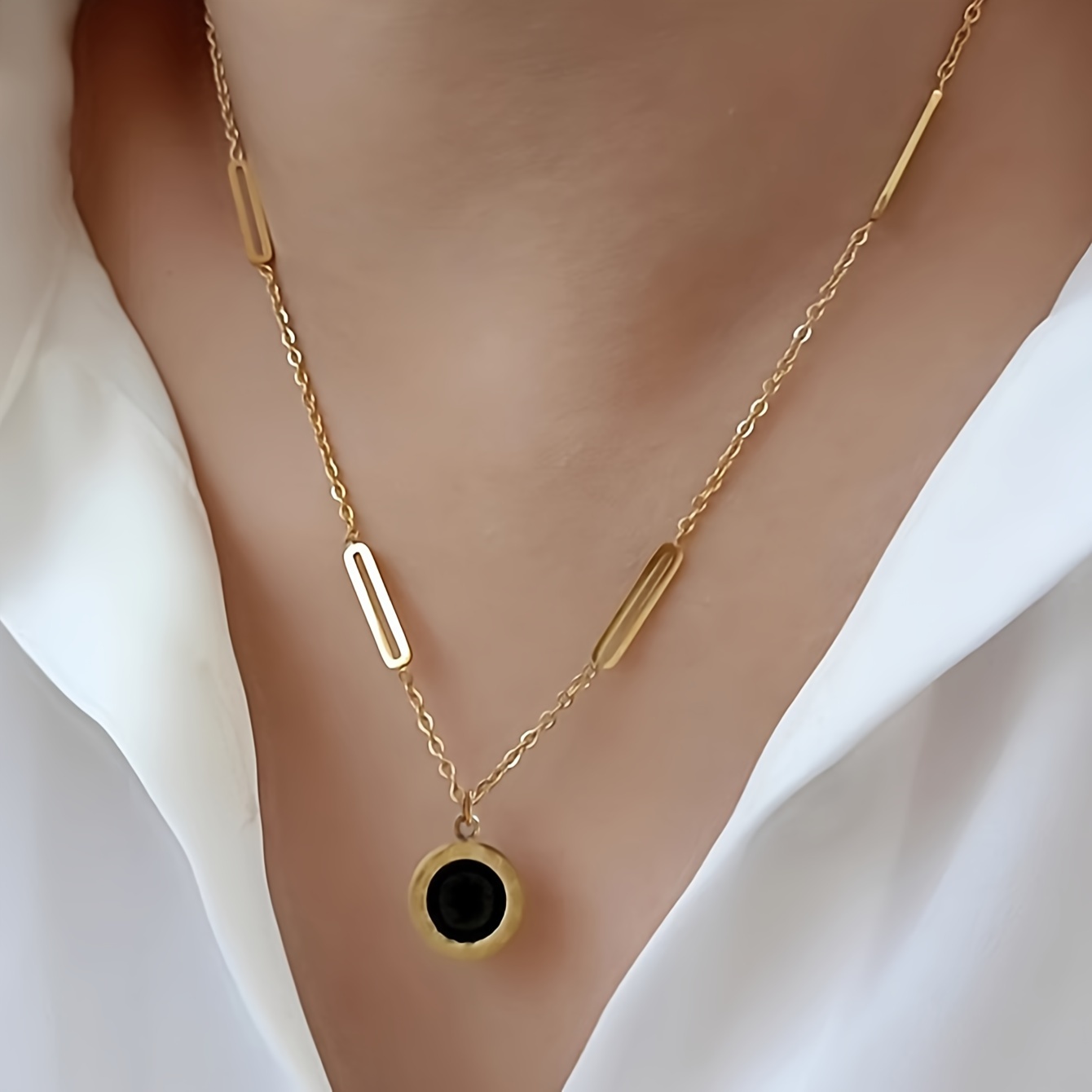 

Double-sided Black & White Shell Stainless Steel Necklace, Golden Pin Roman Numeral Pendant Necklace