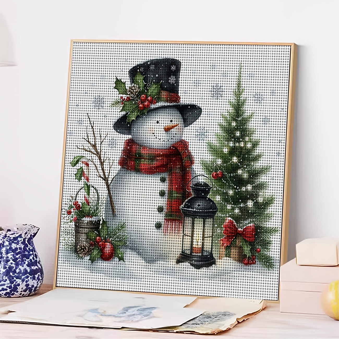 Cross Stitch Printed Kit, Frameless, Christmas Snowman and Tree Pattern