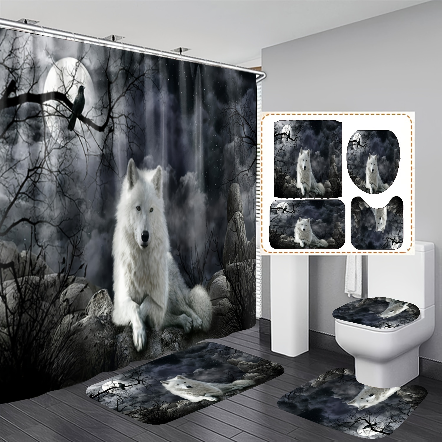 

Forest White Wolf 4pcs Bathroom Mat Set Bathcurtain70"70"bathmat29.5'*17.7"umat17.7"14.8"toiletmat14.8"16.5