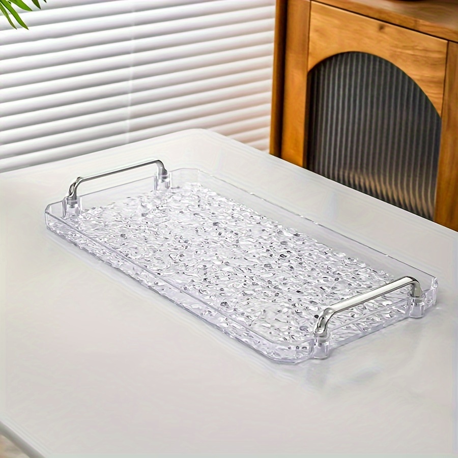 TEMU 1pc, Luxury Acrylic Rectangular Serving Tray With Handles, Durable Pet Material, Water Design, Ideal For Holidays And All , Cake, Snacks, Beverages, And More