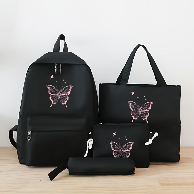 

4pcs Butterfly Print Travel Backpack Set, Preppy College Schoolbag With Shoulder Tote Bag And Crossbody Bag And Pencil Case