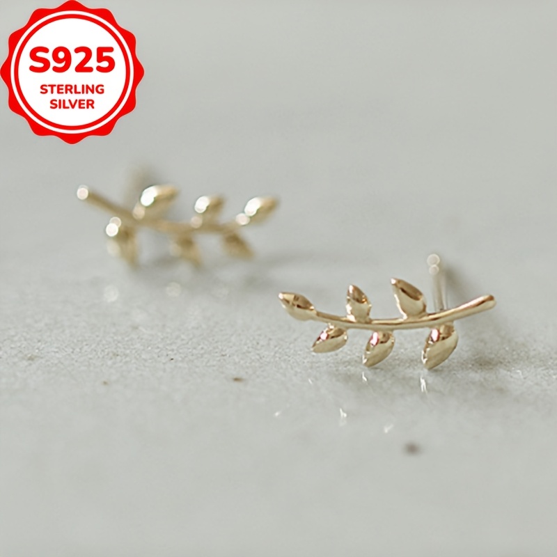 Sterling Silver Leaf Branch Stud Earrings, 925 Silver Plated