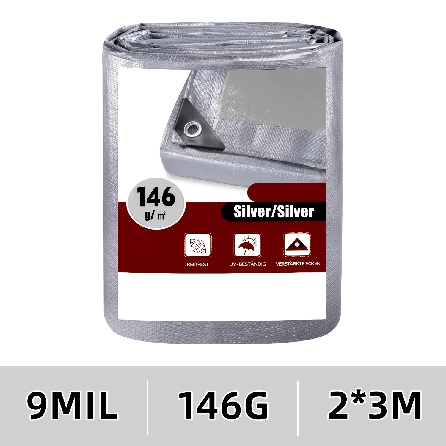 Image of 2x3m Heavy Duty Tarpaulin (9 Mil Thick) - Multi-functional Protective Cover, 3ft/0.91m Hole , 146gsm, Uv Resistant, Suitable For Shading And Camping (silvery)