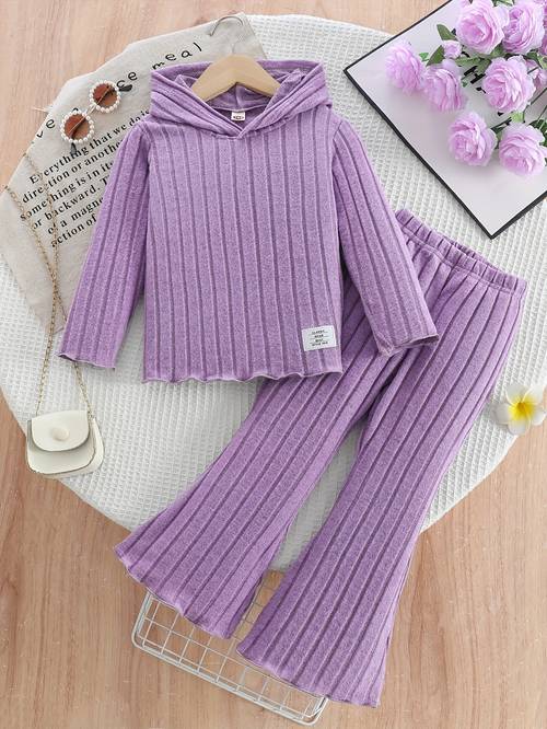girls fashion super soft solid color ribbed patch hooded long sleeved flared suit for outdoor