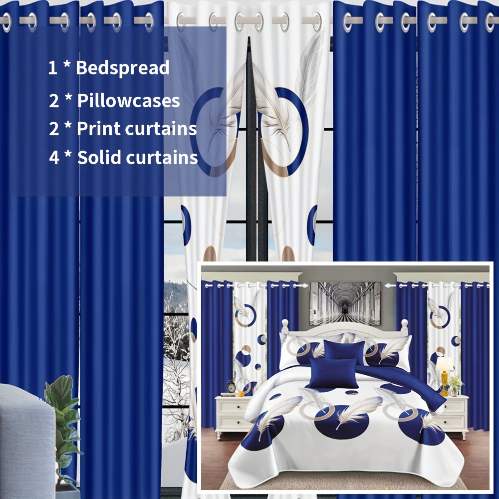 TEMU 9pcs Bedding Set, Including:1 Bedsheet, 2 Pillowcases, 2 Printed Curtains, And 4 Solid Color Curtains, Queen/king/cal King Size, And Feather,