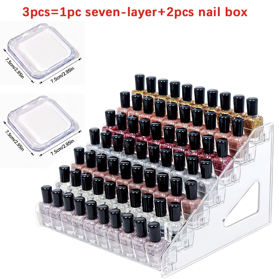 TEMU 3pcs Transparent Acrylic Nail Polish Organizer Rack + 2pcs Nail Polish Storage Box Set, 7-tier Acrylic Card Display Stand, Nail Polish Holder,