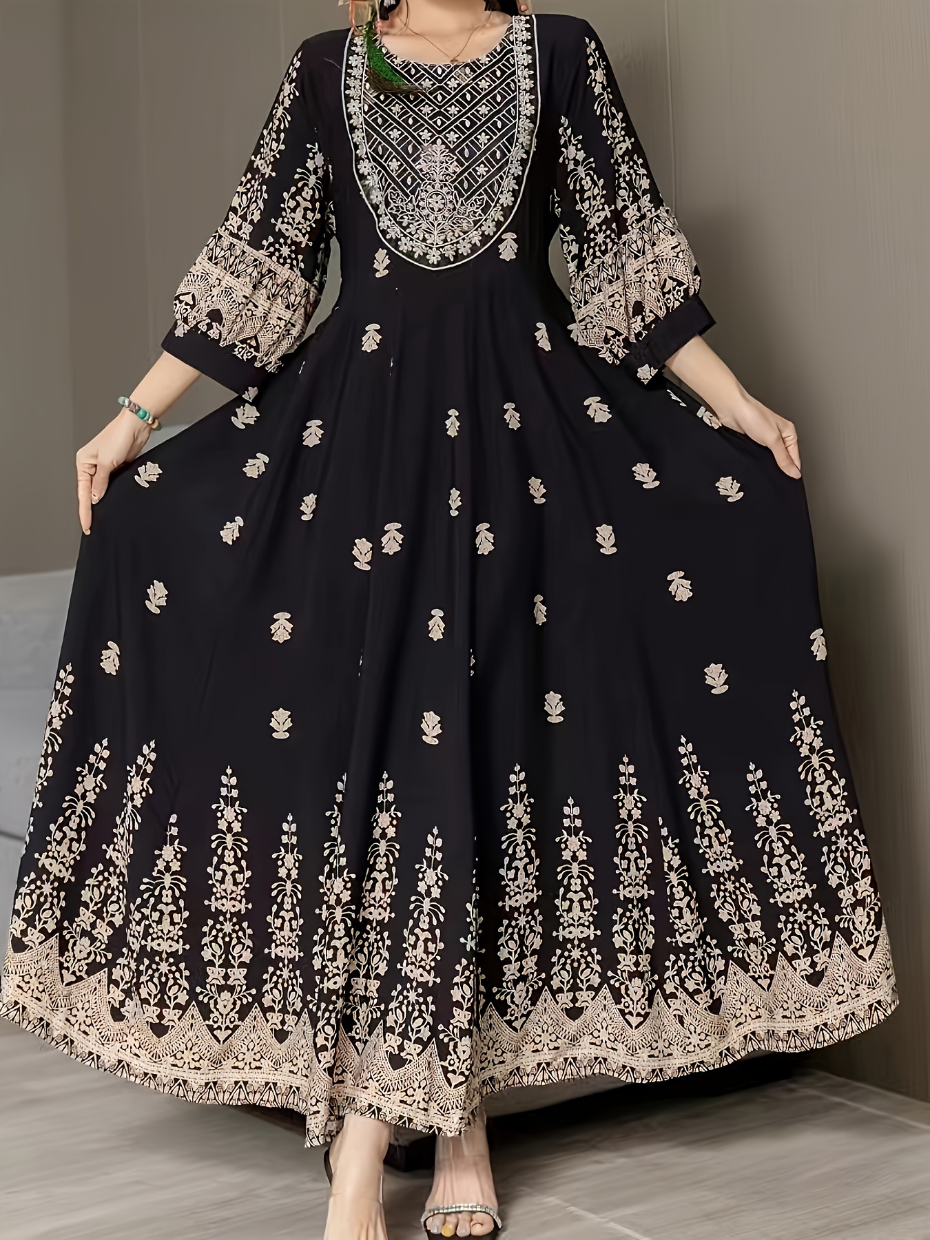 Middle Eastern Bohemian Style Dress Ethnic Embroidery Full Skirt Retro Long  Dress Casual Vacation Travel Beach Dress Plus Size