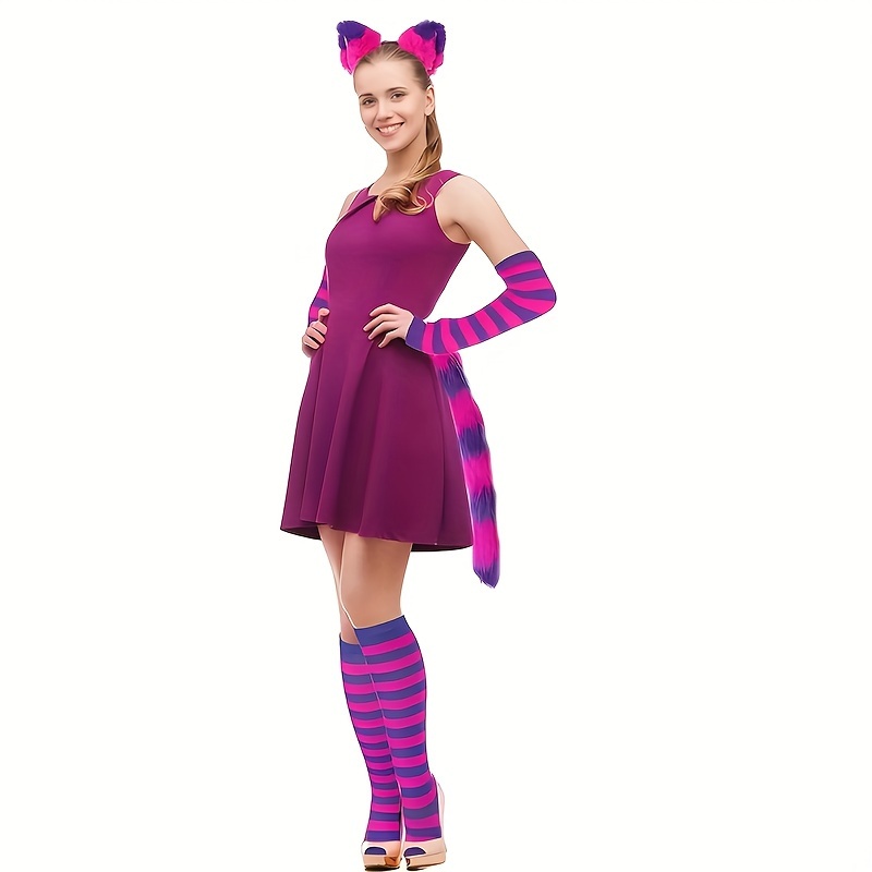 Festive Pink and Purple Striped Cat Costume Set with Headband and Tail