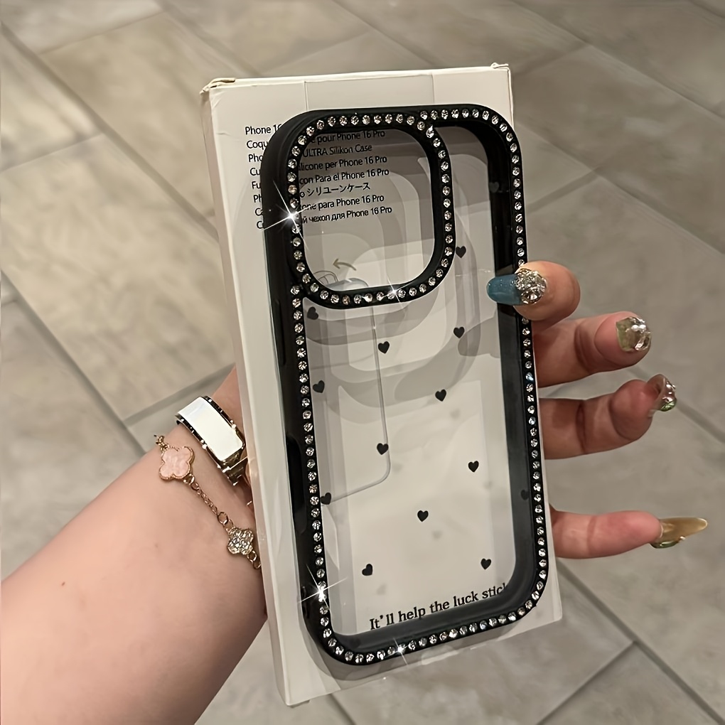 TEMU Phone Case - Sweet Romantic Heart Embellishment, Sparkling Diamond Pattern Exquisite Design Phone Case, Suitable For Iphone 16/11/13/ Plus/15