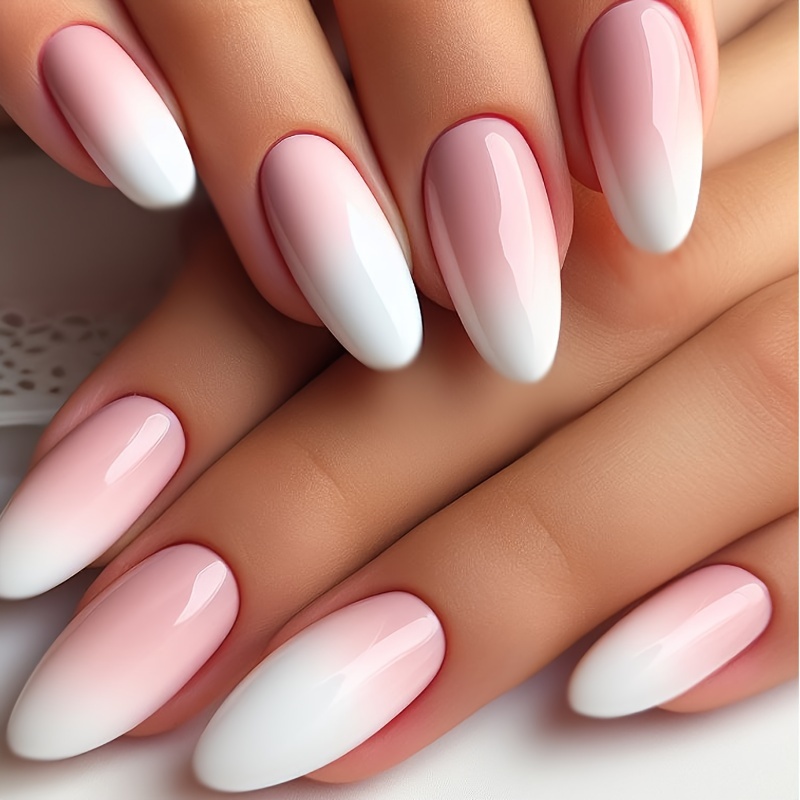 

Pinkish And White Gradient Press On Nails, Glossy Medium Oval Fake Nails, Sweet False Nails For Women Girls