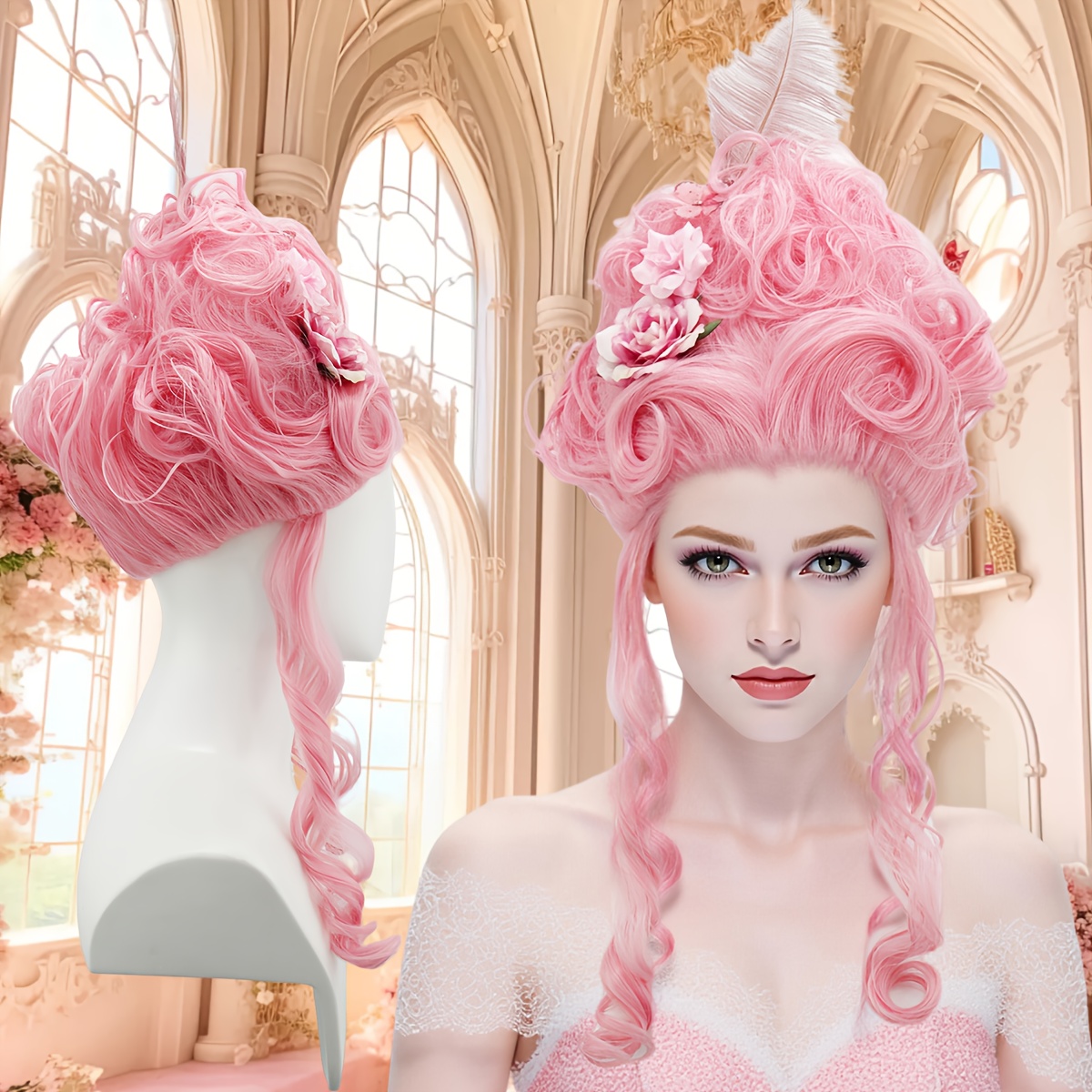 High Hat Queen With Additions, Dressed In A Wig With Towering Curly Hair And Floral Decorations, Perfect For Halloween Cosplay Full Headpiece