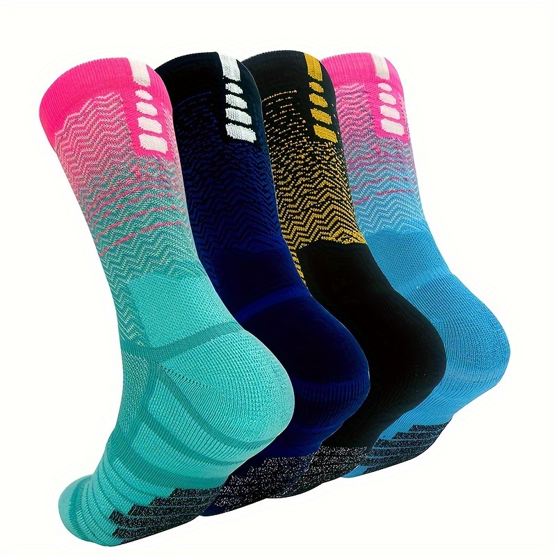 TEMU 4 Pairs Gradient Color Athletic Crew Socks Performance Thick Cushioned Sport Basketball Running Training Compression Socks For Men & Women