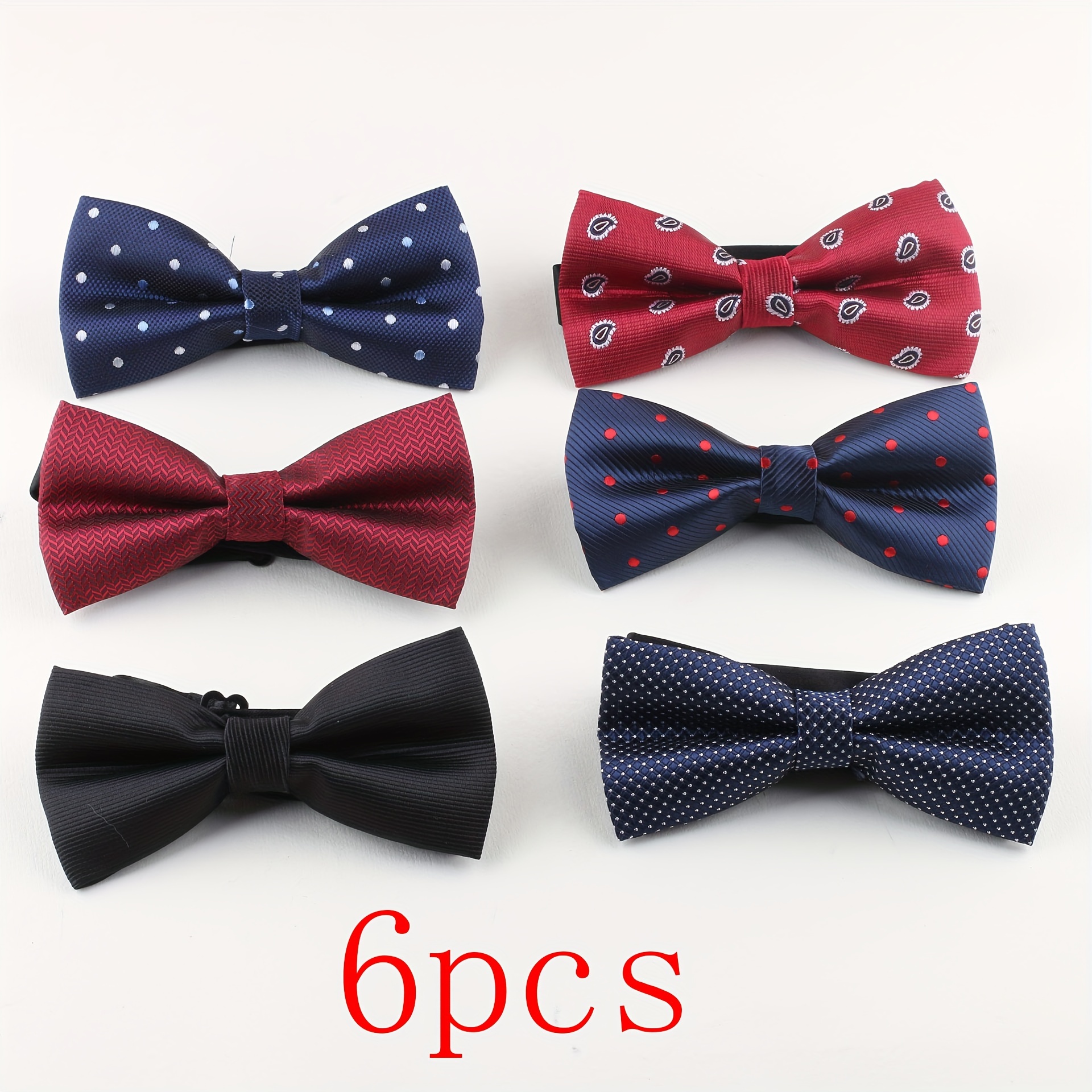 

Men's Bow Ties Set Of 6 - Polka Dot, Striped & Solid Pre-tied Bowties, Elegant Adjustable Design, Polyester, Recommended, Ideal For Gift