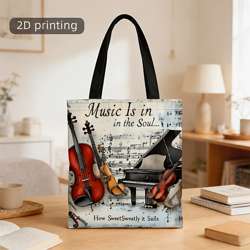 TEMU Vintage Music-themed Tote & Crossbody Bag Suitable For , Retro Musical Instrument & Sheet Music Print, Shoulder Bag With Strap For Daily