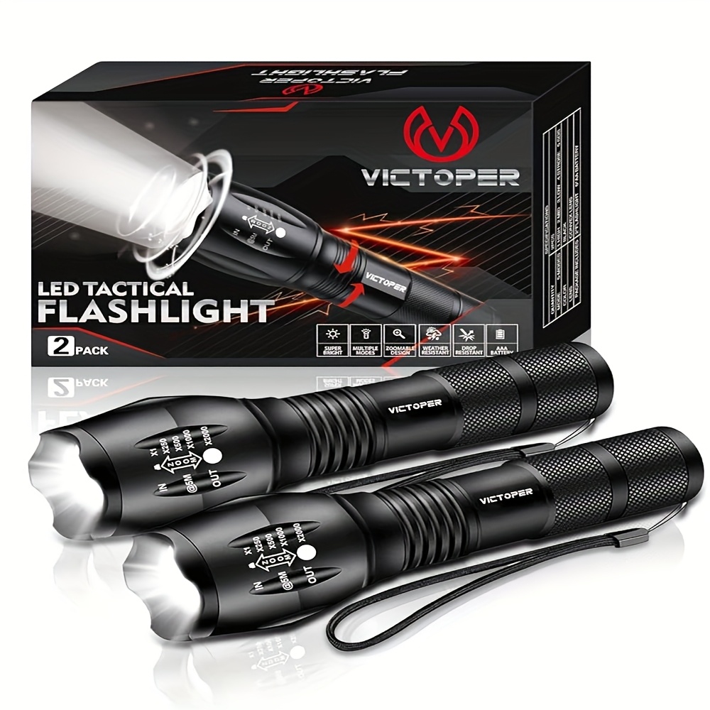 

Two-piece Portable Tactical Flashlight, Battery-powered, 5 Different 2000 Up To 3 ½ Hours Of , Comes With Free Batteries, Suitable For Camping, Hiking, Hunting And Outdoor Survival