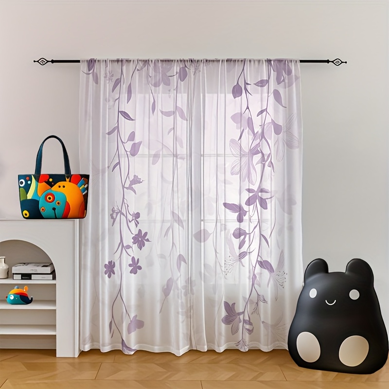 TEMU 2pcs Semi-transparent Curtains, Purple Floral Theme Window Drapes For Festive Occasions And Wedding Decorations, Machine Washable - Suitable For