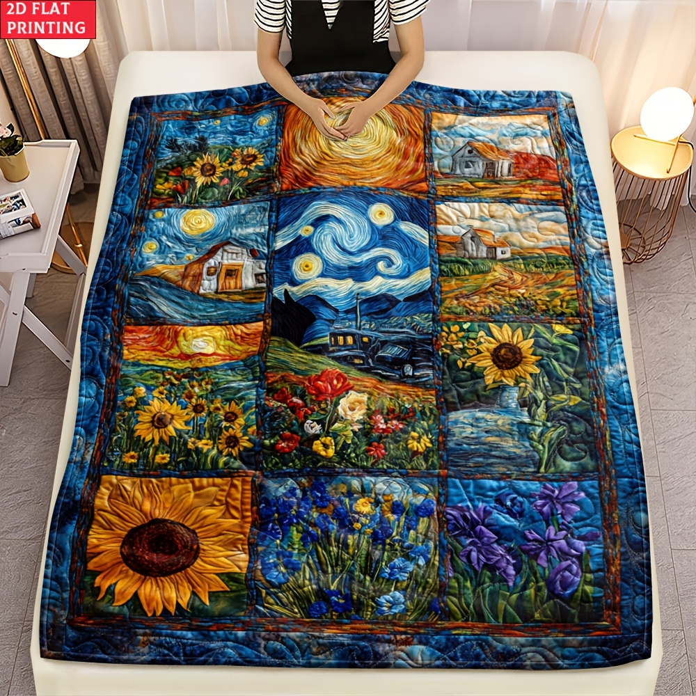 E-shop 2D-Flach . Van Gogh Sternennacht geeignet für Sofa, Schlafzimmer, Wohnzimmer, Bett, Couch, Stuhl, weiche warme Decke – leichter Flanell,