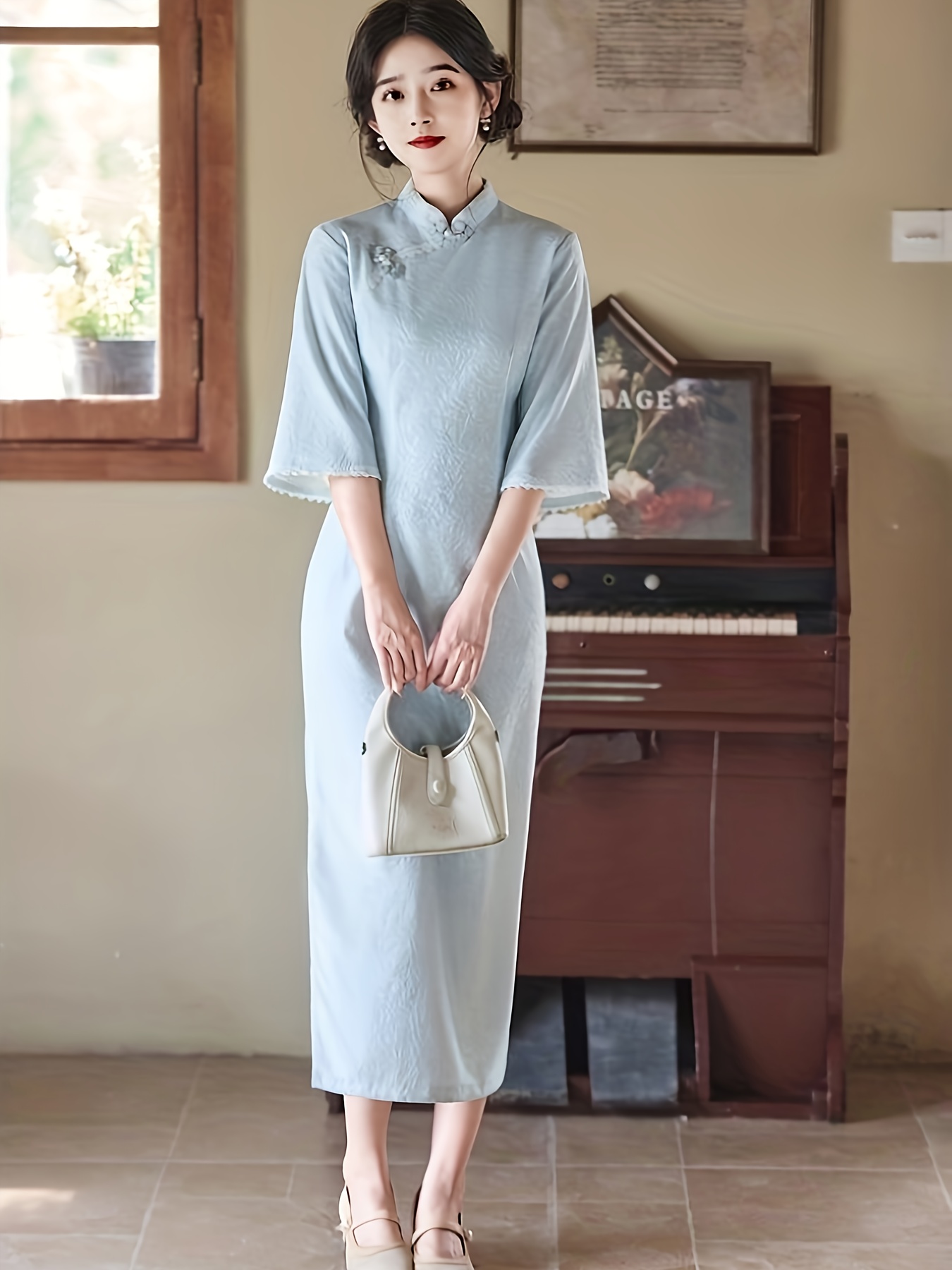 qipao dress blue Plus size Qipao, velvet Cheongsam, sleeveless Qipao, long Cheongsam Blue / 3XL main image 0